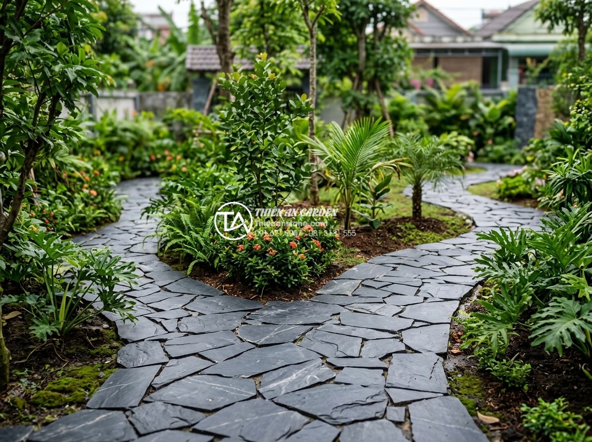 Sự kết hợp giữa đá rối đa sắc và cây xanh trong thiết kế sân vườn - Completed professional installation of chaotic stone pathways integrated with ne