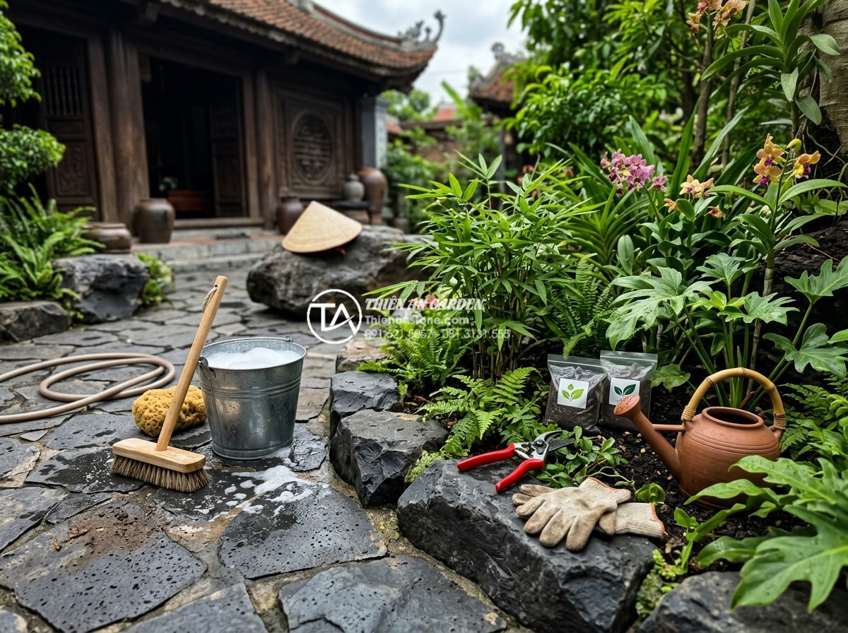 Sự kết hợp giữa đá rối đa sắc và cây xanh trong thiết kế sân vườn - Maintenance tips illustration with tools for cleaning multi-colored stones and c