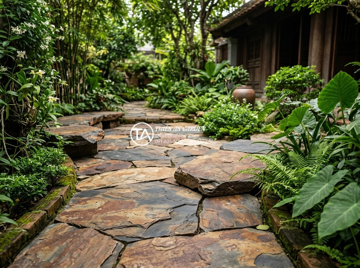 Sự kết hợp giữa đá rối đa sắc và cây xanh trong thiết kế sân vườn - Long-term maintained garden featuring pristine multi-colored chaotic stones and 