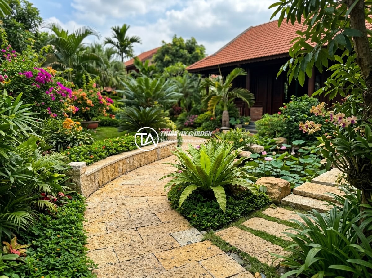 Sự kết hợp giữa đá rối đa sắc và cây xanh trong thiết kế sân vườn - Real project showcase of a completed Vietnamese villa garden with multi-colored 