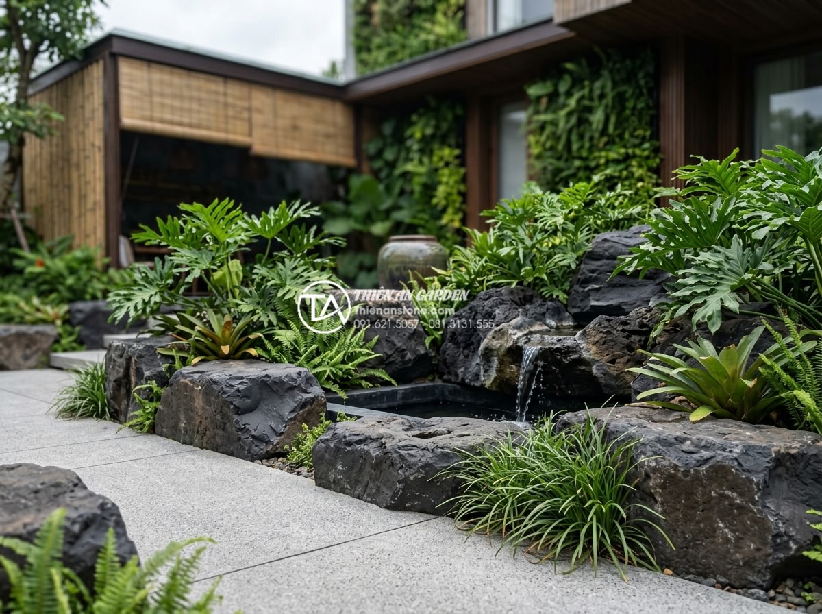 Sự kết hợp giữa đá rối đa sắc và cây xanh trong thiết kế sân vườn - Futuristic garden concept with advanced integration of multi-colored chaotic sto