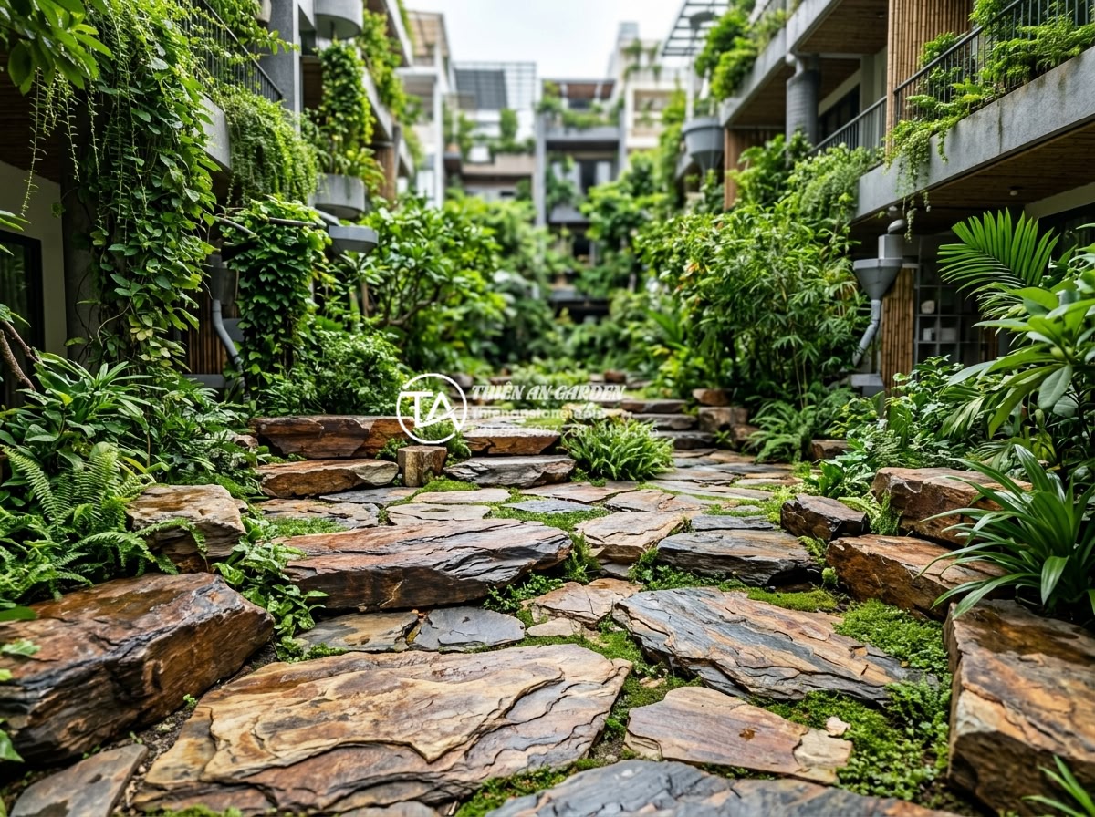 Sự kết hợp giữa đá rối đa sắc và cây xanh trong thiết kế sân vườn - Visionary design of future eco-friendly gardens highlighting chaotic stones and 