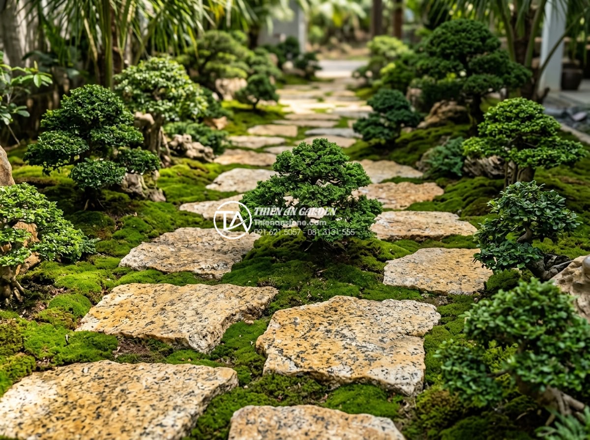 Sự kết hợp giữa đá rối đa sắc và cây xanh trong thiết kế sân vườn - Japanese-inspired garden design with multi-colored chaotic stones as stepping pa
