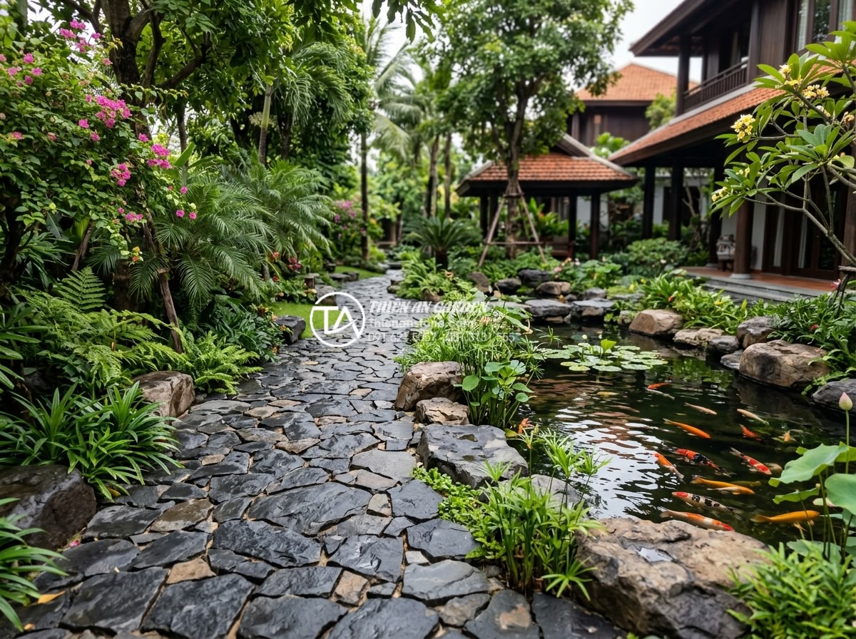 Sự kết hợp giữa đá rối đa sắc và cây xanh trong thiết kế sân vườn - Luxurious villa garden with multi-colored chaotic stones paving pathways integra