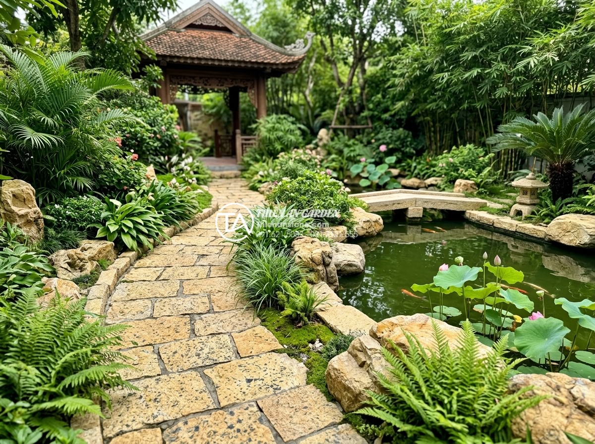 Sự kết hợp giữa đá rối đa sắc và cây xanh trong thiết kế sân vườn - Feng shui garden layout with multi-colored chaotic stones and green plants arran