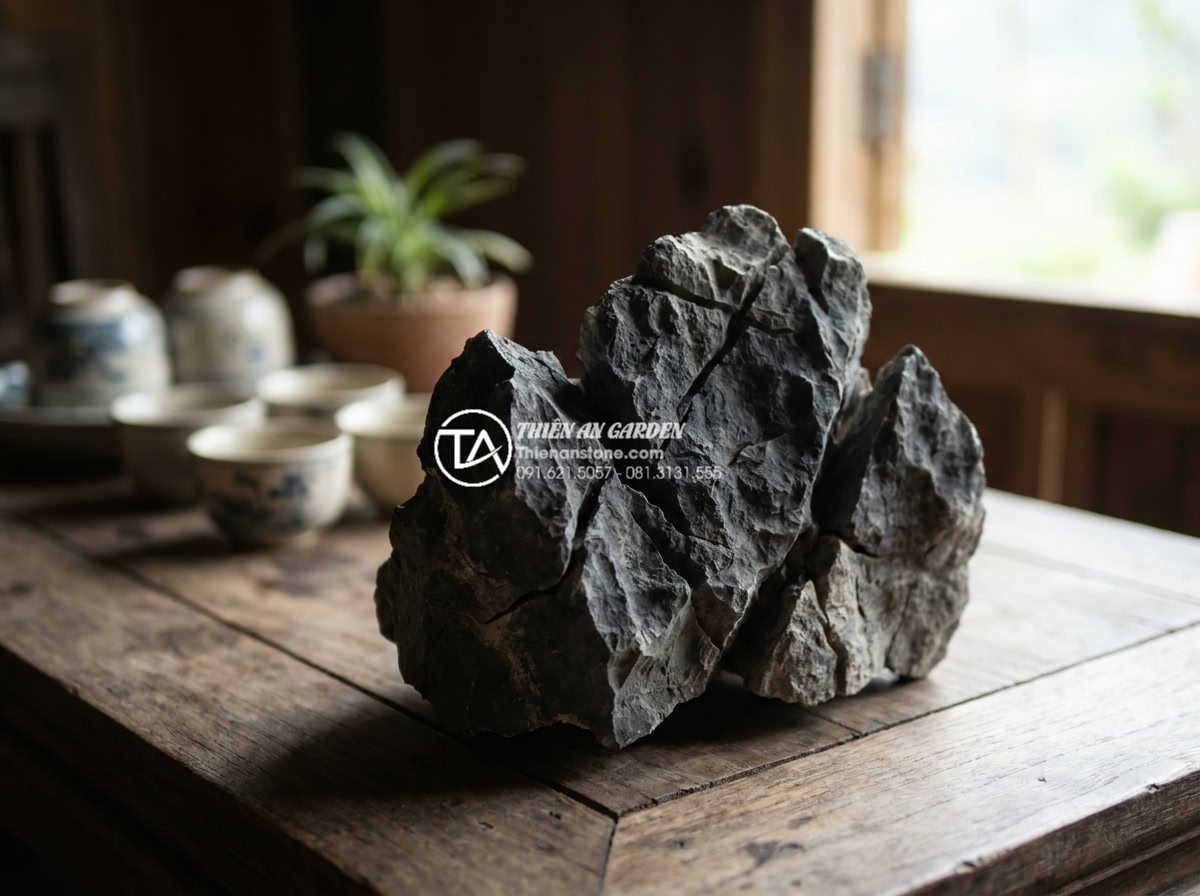 Tại sao đá tai mèo Hà Giang lại là 'vua' của các loại đá làm cây cảnh? - Elegant indoor display of polished Ha Giang cat ear stone as a centerpiece on a 