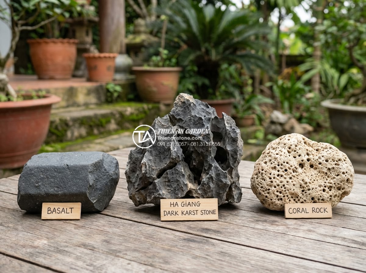 Tại sao đá tai mèo Hà Giang lại là 'vua' của các loại đá làm cây cảnh? - Side by side comparison photo showing Ha Giang cat ear stone next to other popul