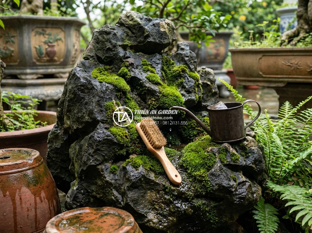 Tại sao đá tai mèo Hà Giang lại là 'vua' của các loại đá làm cây cảnh? - Maintenance demonstration of gently watering and brushing moss on established Ha