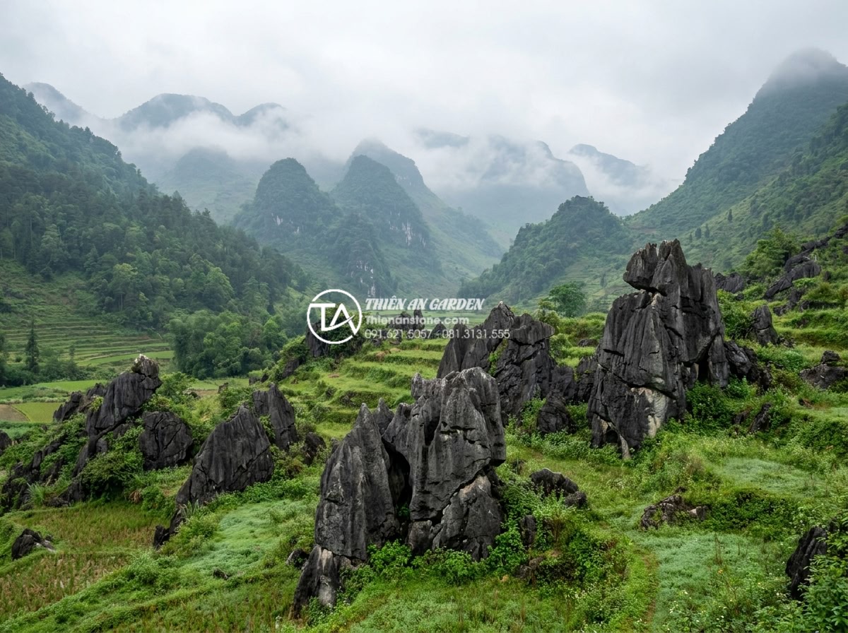 Tại sao đá tai mèo Hà Giang lại là 'vua' của các loại đá làm cây cảnh? - Wide angle shot of Ha Giang mountainous landscape showing natural rock formation