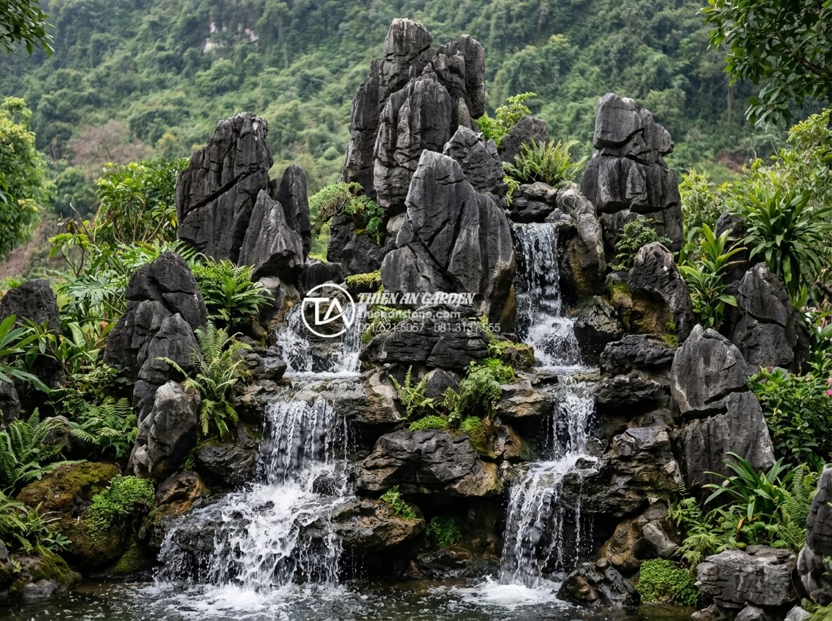 Tại sao đá tai mèo Hà Giang lại là 'vua' của các loại đá làm cây cảnh? - Large scale landscaping project using multiple Ha Giang cat ear stones to create