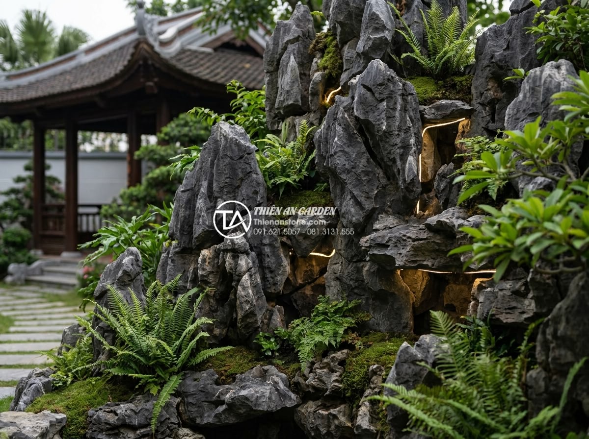 Tại sao đá tai mèo Hà Giang lại là 'vua' của các loại đá làm cây cảnh? - Luxurious villa garden featuring a custom rockery made entirely from Ha Giang ca