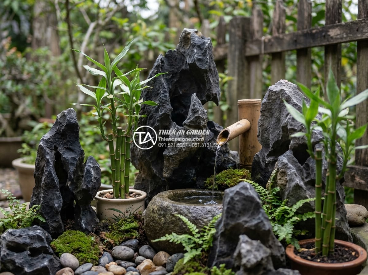 Tại sao đá tai mèo Hà Giang lại là 'vua' của các loại đá làm cây cảnh? - Feng shui inspired garden corner with strategically placed Ha Giang cat ear ston