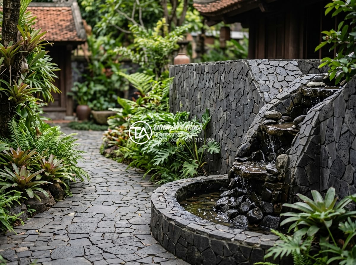 Tại sao nên dùng ốp gạch rối thay vì gạch men thông thường? - Versatile applications of natural stone mosaic in various garden elements like w