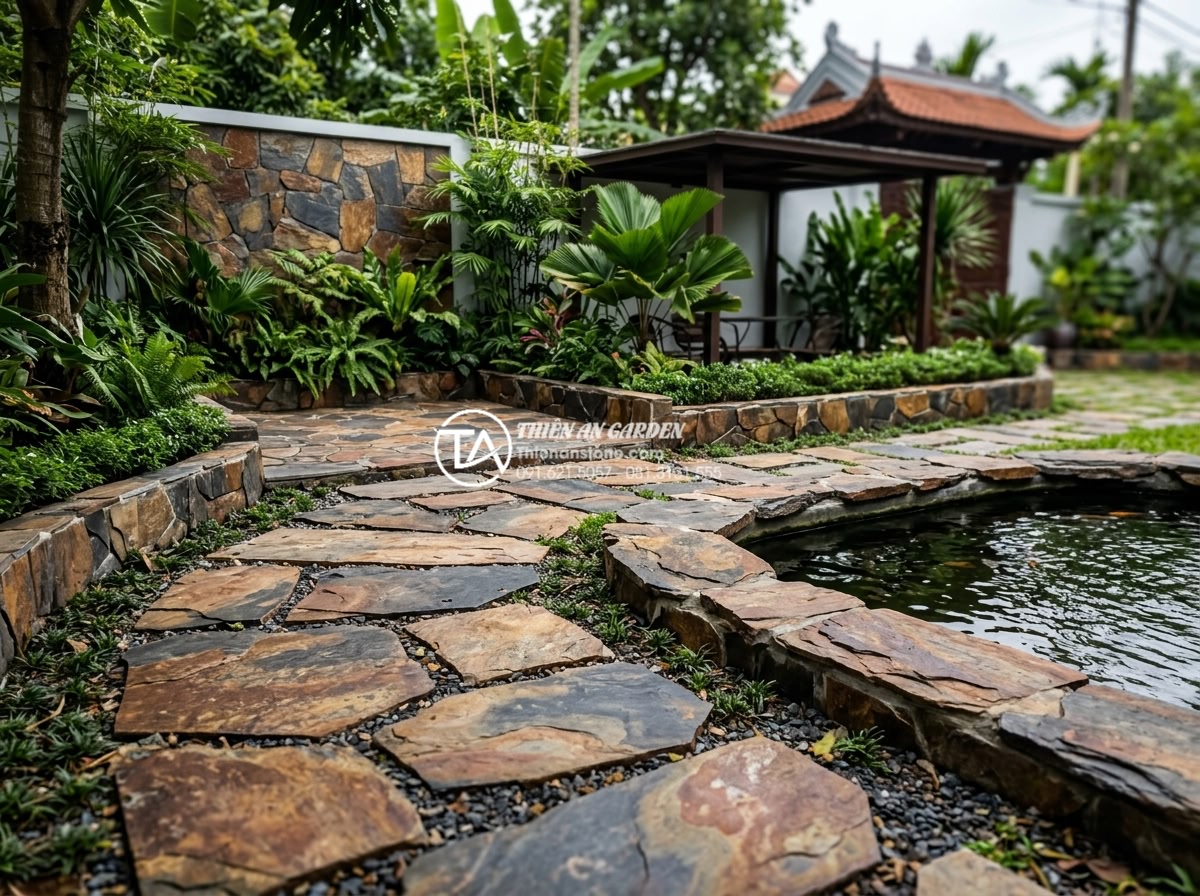 Tại sao nên dùng ốp gạch rối thay vì gạch men thông thường? - Creative landscape design showcasing multiple uses of op gach roi in a complete 