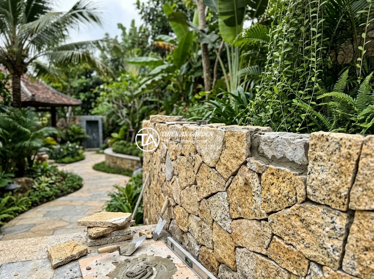 Tại sao nên dùng ốp gạch rối thay vì gạch men thông thường? - Professional team from Da Canh Thien An installing high-quality op gach roi in a