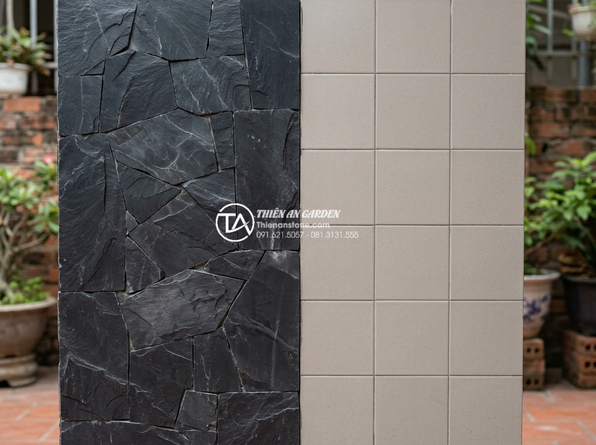 Tại sao nên dùng ốp gạch rối thay vì gạch men thông thường? - Comparison side by side of natural da roi tu nhien mosaic versus standard cerami