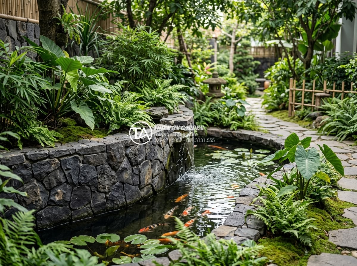 Tại sao nên dùng ốp gạch rối thay vì gạch men thông thường? - Beautiful garden landscape featuring op gach roi natural stone wall cladding aro