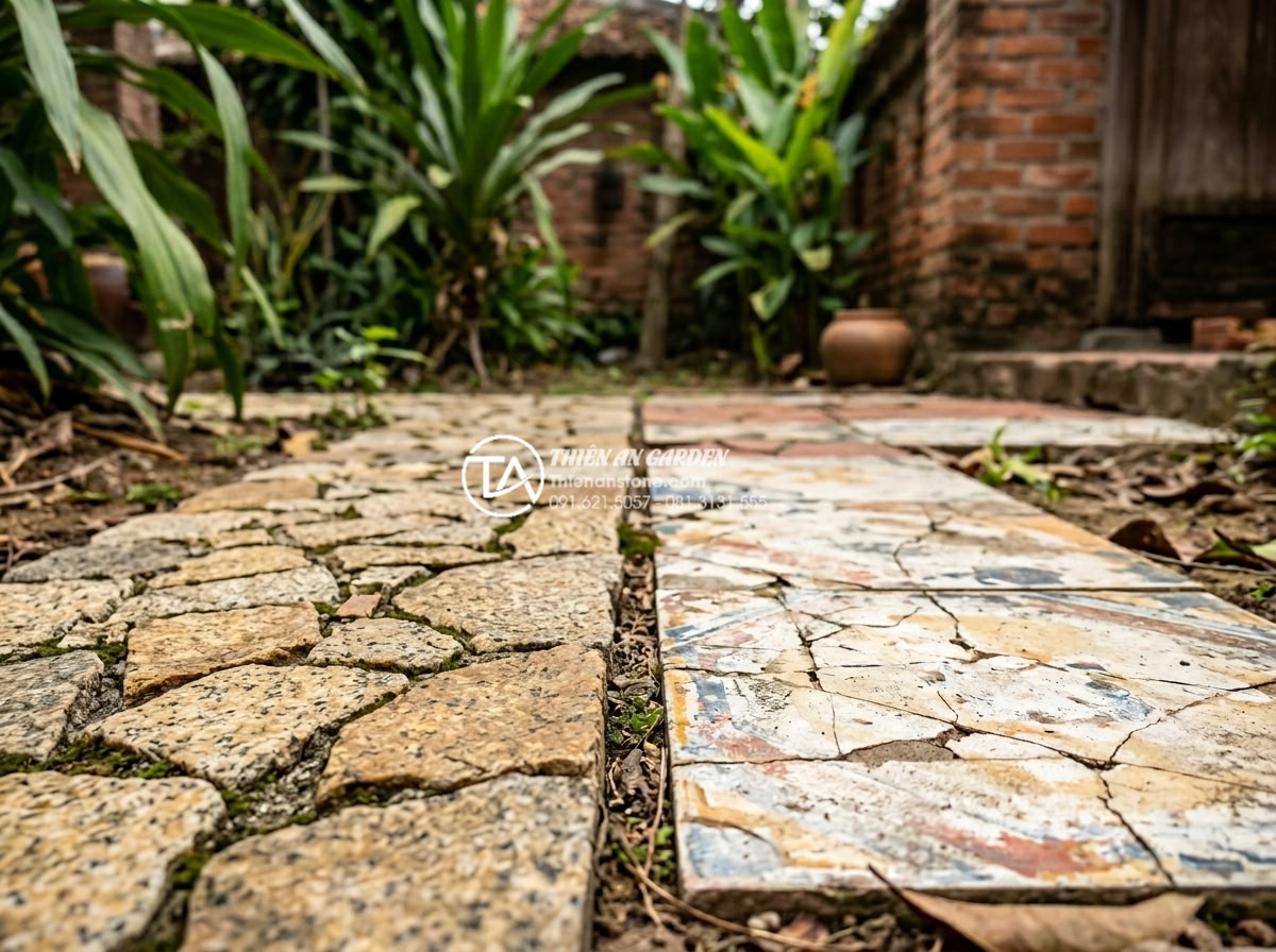 Tại sao nên dùng ốp gạch rối thay vì gạch men thông thường? - Long-term durability test showing natural da roi tu nhien stone mosaic after yea