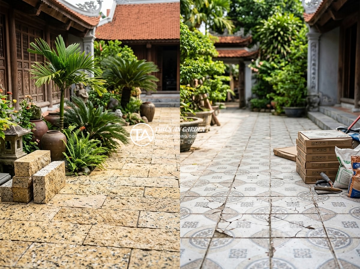 Tại sao nên dùng ốp gạch rối thay vì gạch men thông thường? - Cost comparison infographic style image of op gach roi versus ceramic tiles show