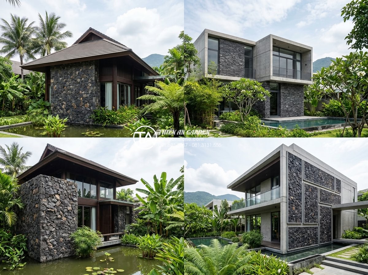 Top 10 mẫu đá rối ốp mặt tiền đẹp dẫn đầu xu hướng 2026 - Architectural visualization of first three trending rubble stone facade options 
