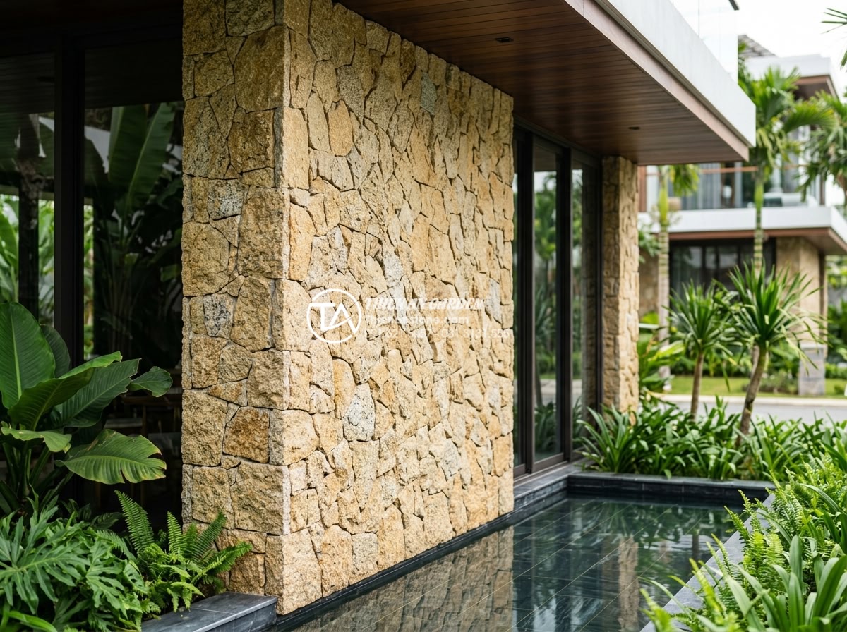 Top 10 mẫu đá rối ốp mặt tiền đẹp dẫn đầu xu hướng 2026 - Detailed rendering of luxurious and distinctive stone facade applications using 
