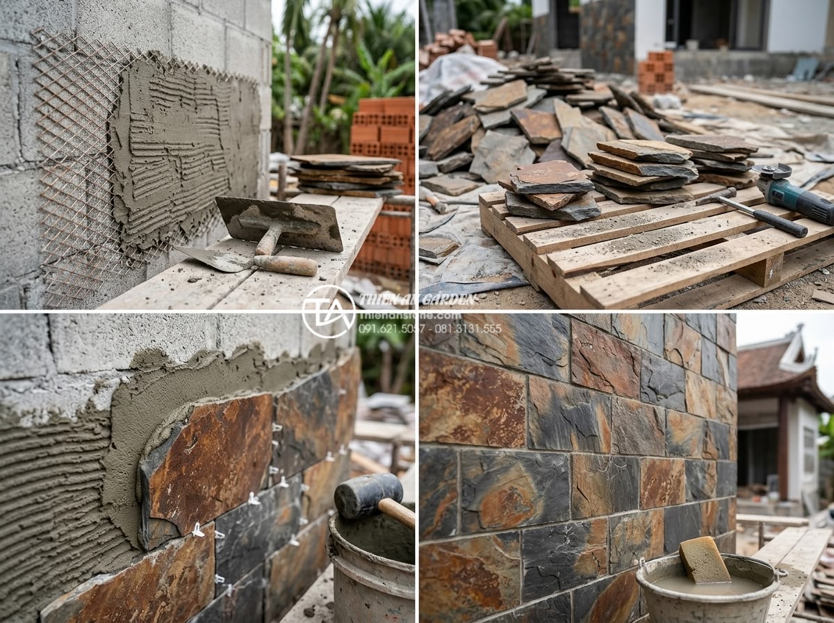 Top 10 mẫu đá rối ốp mặt tiền đẹp dẫn đầu xu hướng 2026 - Step-by-step professional installation process of natural rubble stone facade cl