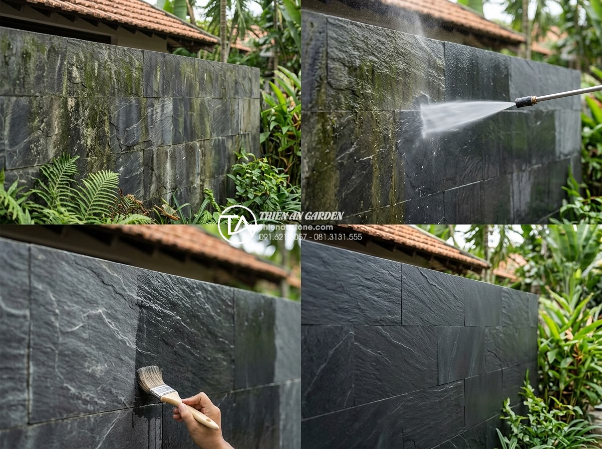Top 10 mẫu đá rối ốp mặt tiền đẹp dẫn đầu xu hướng 2026 - Maintenance guide visuals for long-lasting natural stone facade, including clean