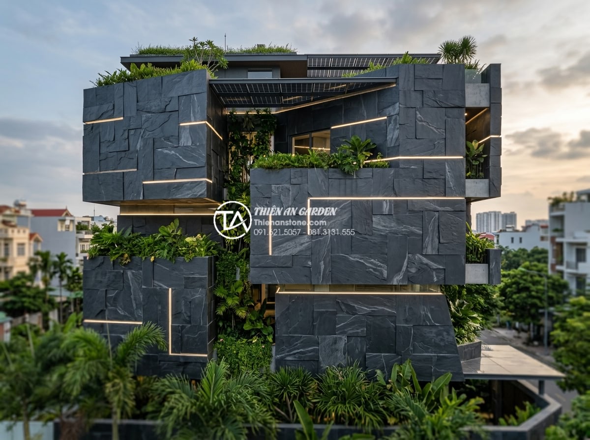 Top 10 mẫu đá rối ốp mặt tiền đẹp dẫn đầu xu hướng 2026 - Futuristic 2026 architectural rendering of modern building facade using trending