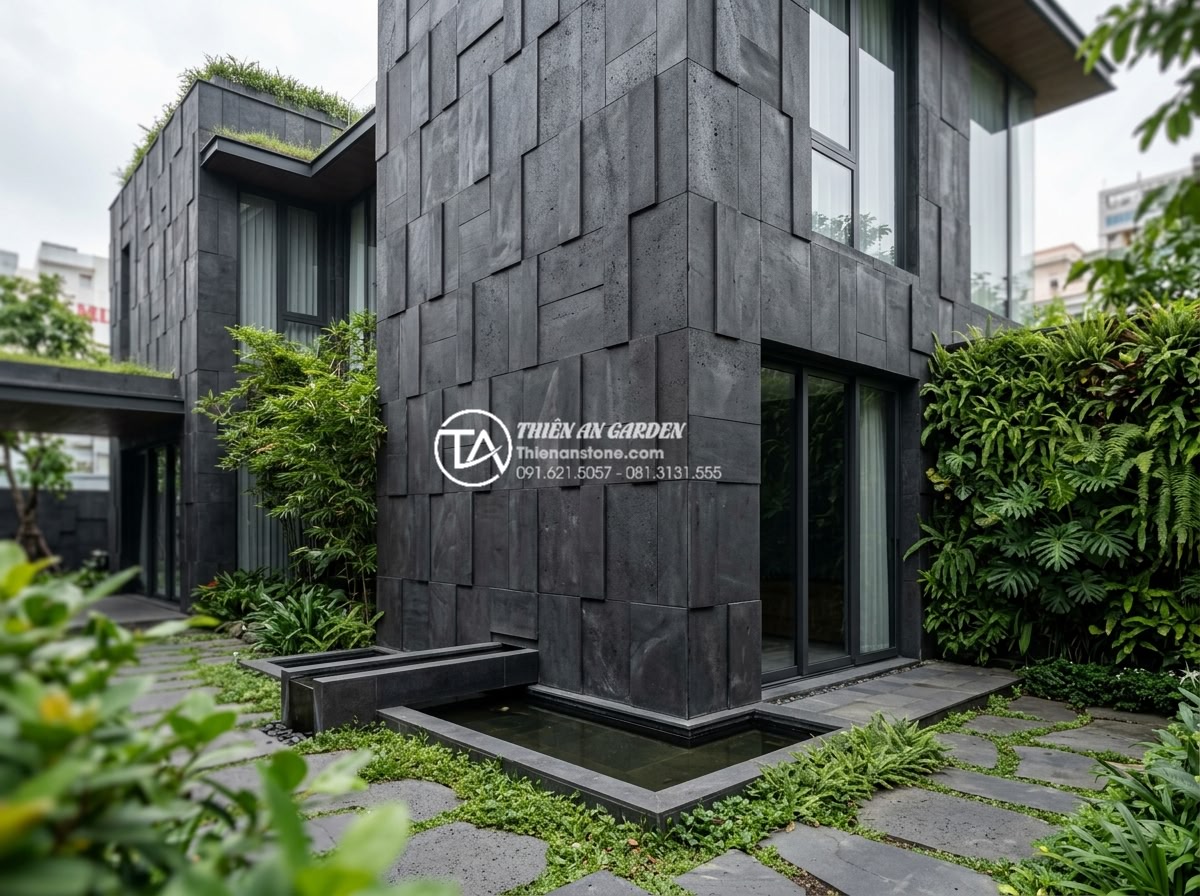Top 10 mẫu đá rối ốp mặt tiền đẹp dẫn đầu xu hướng 2026 - Conceptual image of 2026 trend stone wall cladding on luxury urban villa, showin