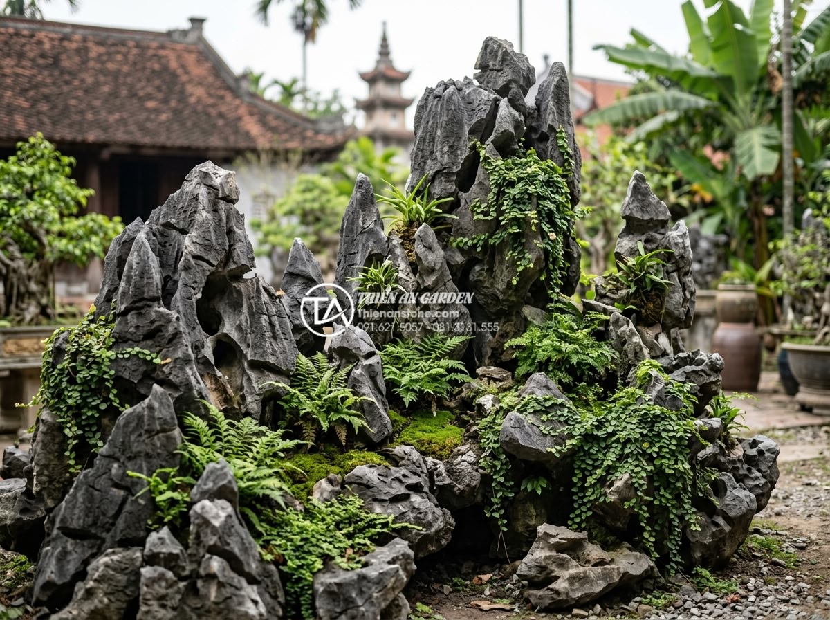 Ứng dụng đá tai mèo trong trang trí hồ cá Koi và cảnh quan sân vườn - Beautiful garden rockery made entirely from cat ear stones with various plant in