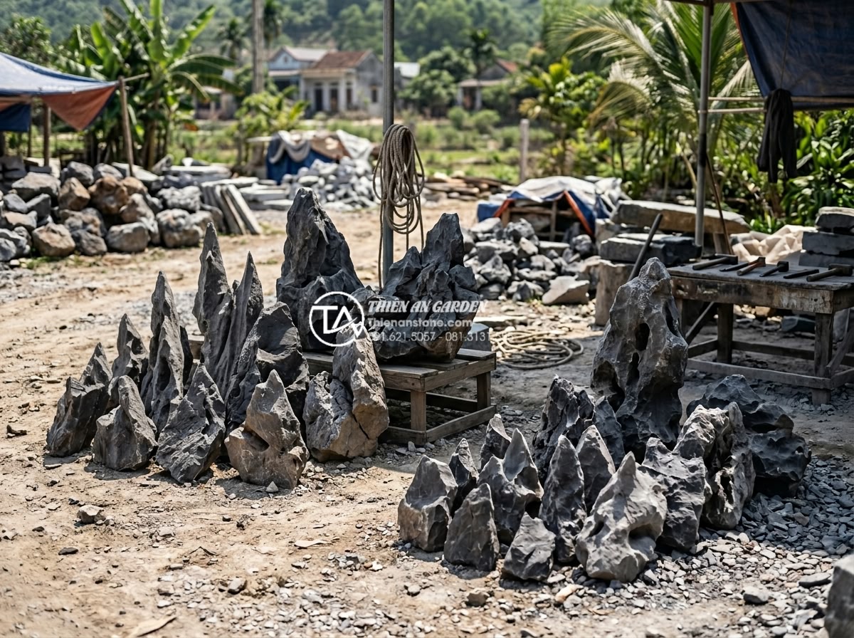 Ứng dụng đá tai mèo trong trang trí hồ cá Koi và cảnh quan sân vườn - Variety of cat ear stone types displayed in a stone yard with labels for differe