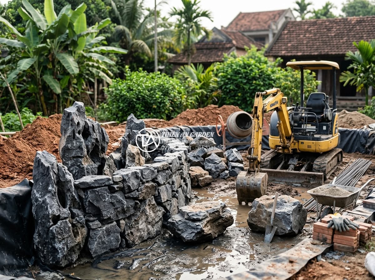 Ứng dụng đá tai mèo trong trang trí hồ cá Koi và cảnh quan sân vườn - Professional team installing cat ear stones in a Koi pond construction site with