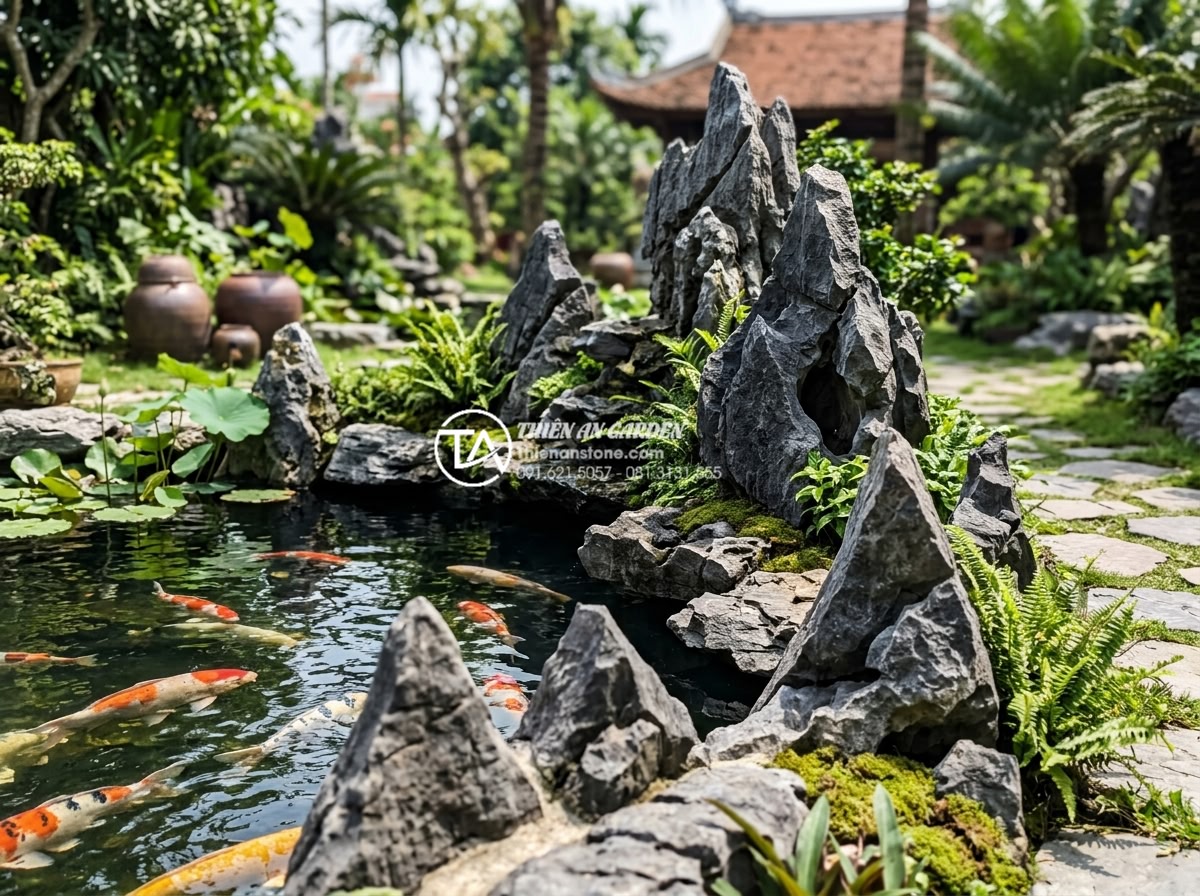 Ứng dụng đá tai mèo trong trang trí hồ cá Koi và cảnh quan sân vườn - Finished high-end Koi pond and garden after full cat ear stone installation