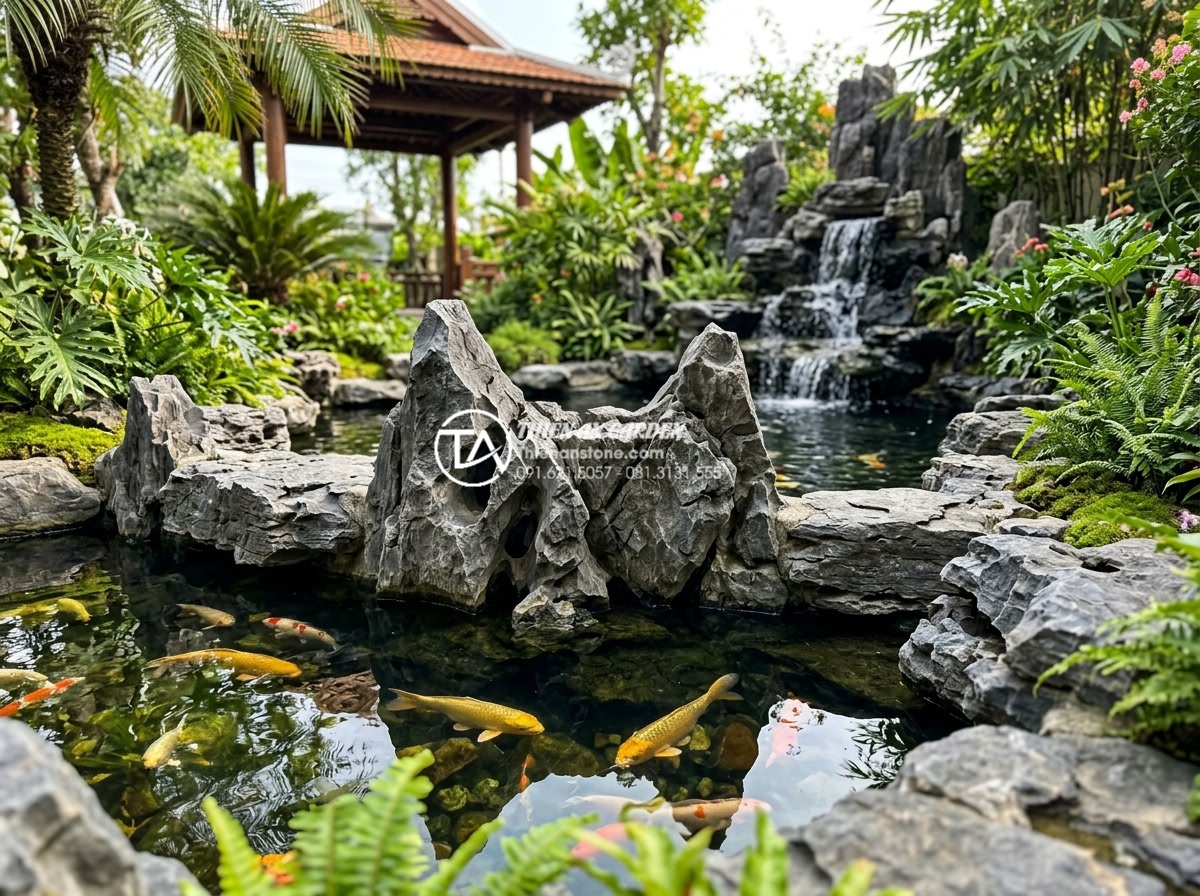 Ứng dụng đá tai mèo trong trang trí hồ cá Koi và cảnh quan sân vườn - Wide angle shot of cat ear stone integrated into a luxury Koi pond edge with sur