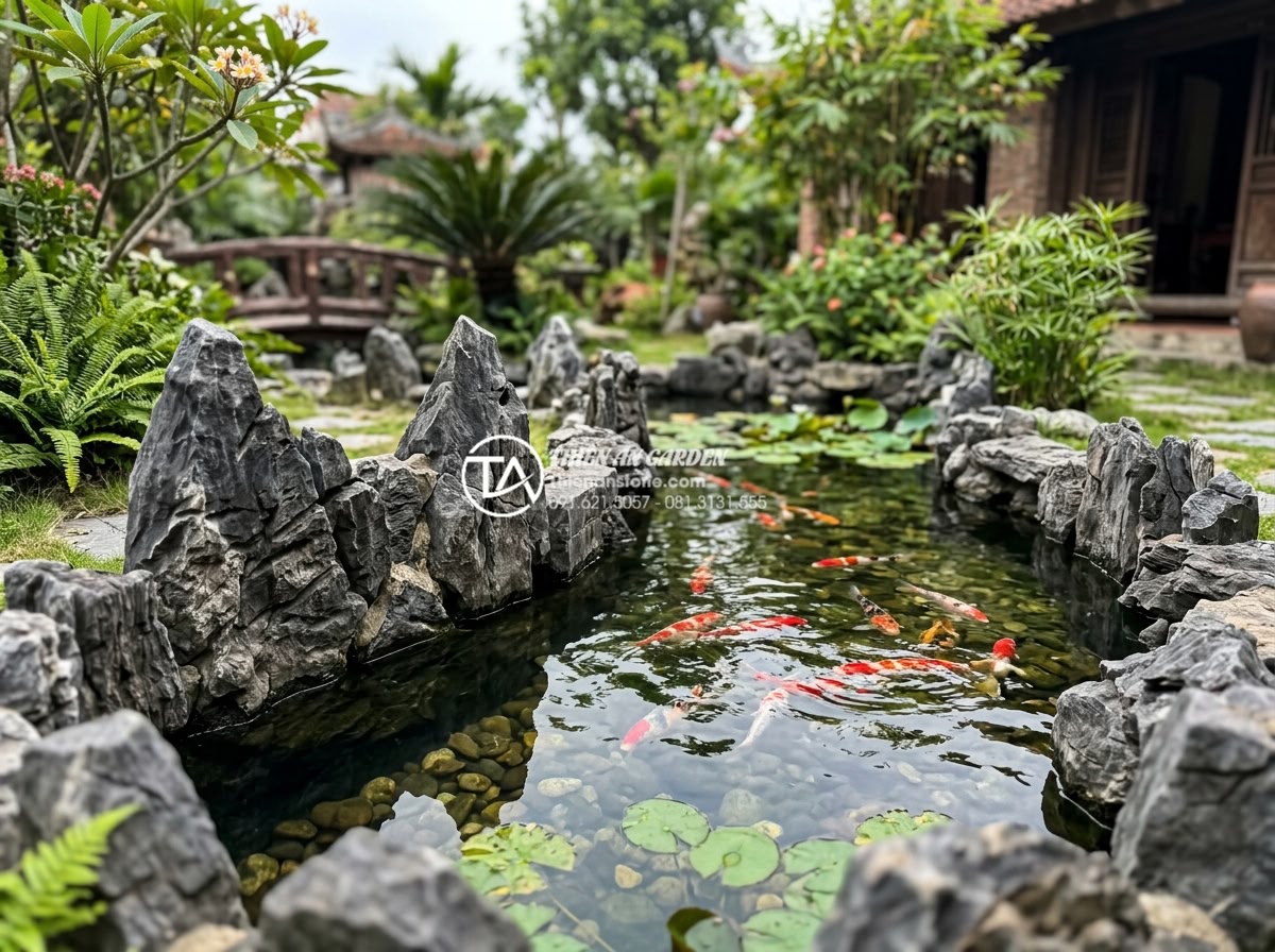Ứng dụng đá tai mèo trong trang trí hồ cá Koi và cảnh quan sân vườn - Realistic image of cat ear stones arranged as pond edging around a crystal clear