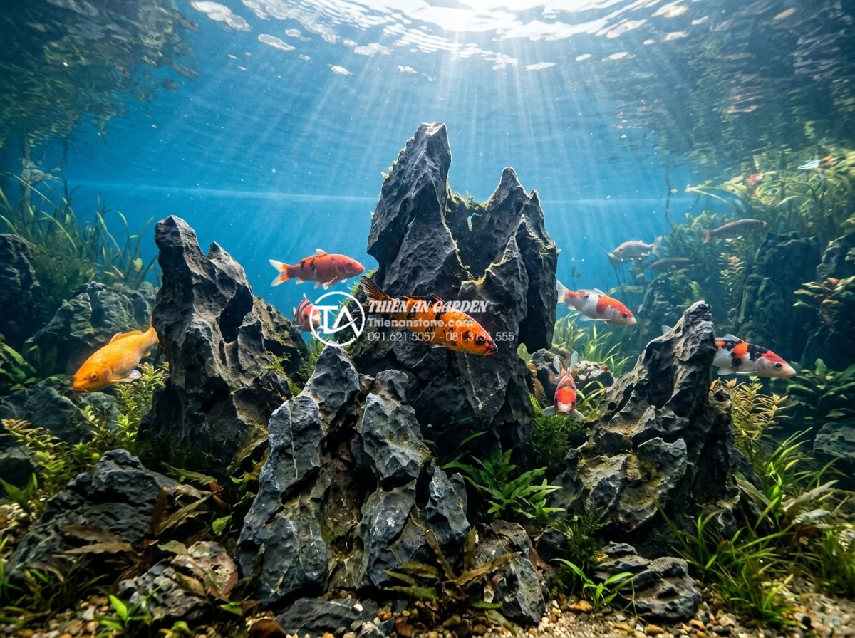 Ứng dụng đá tai mèo trong trang trí hồ cá Koi và cảnh quan sân vườn - Underwater perspective of cat ear stone formations in Koi pond with fish and aqu