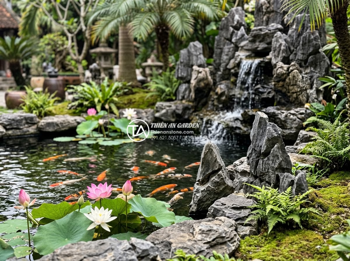 Ứng dụng đá tai mèo trong trang trí hồ cá Koi và cảnh quan sân vườn - Completed Koi pond with expertly arranged cat ear stones, waterfall, and bloomin