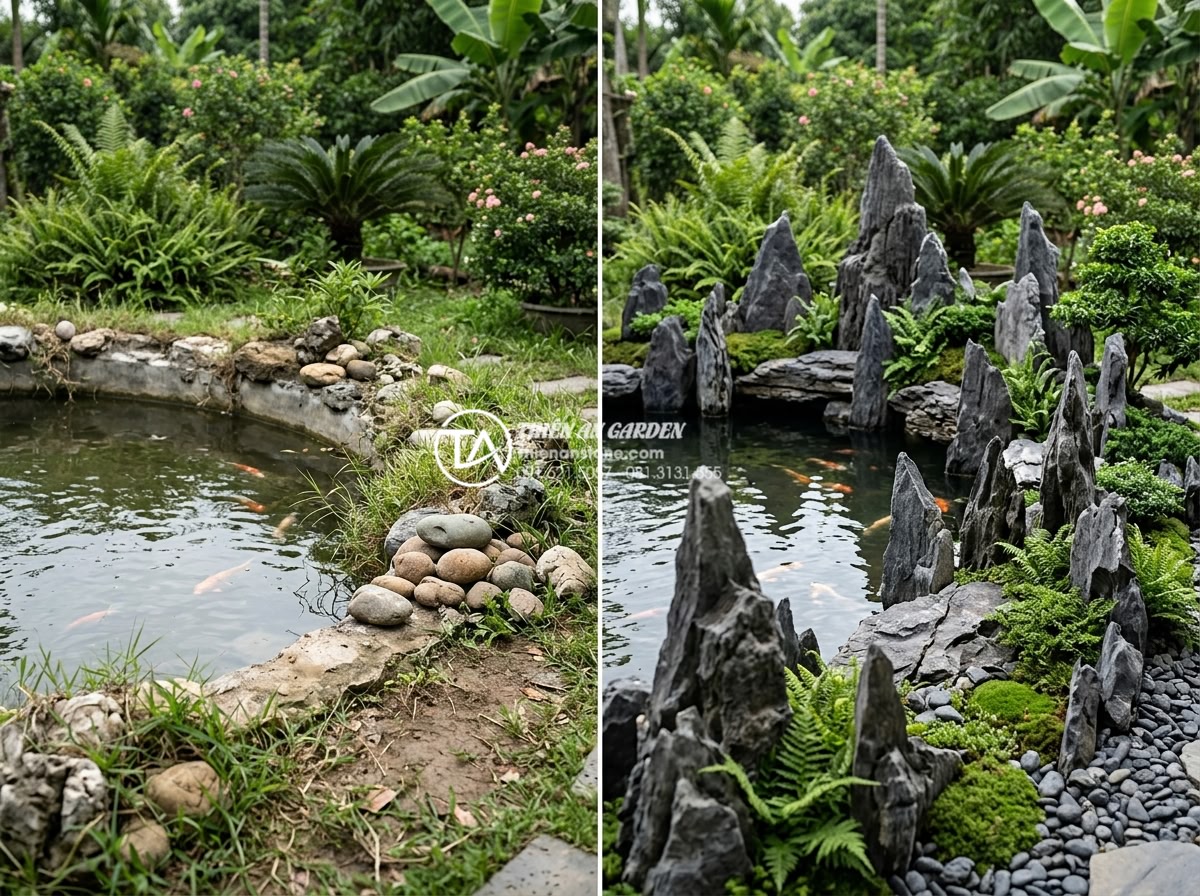 Ứng dụng đá tai mèo trong trang trí hồ cá Koi và cảnh quan sân vườn - Before and after comparison of garden landscape transformation using cat ear sto
