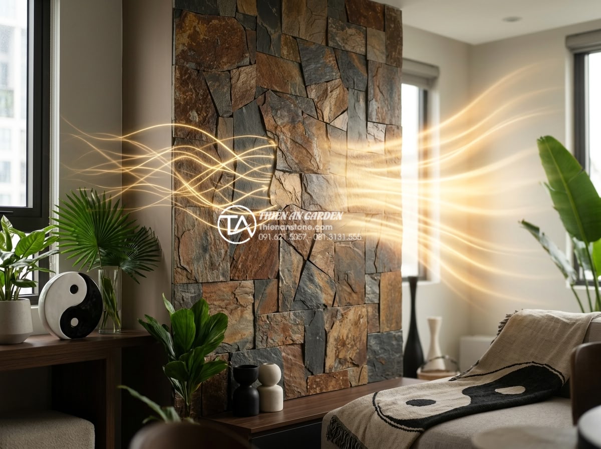 Ưu điểm của đá rối vàng ốp tường trong phong thủy nhà ở - Harmonious energy flow visualization with golden chaotic tiles on wall absorbing
