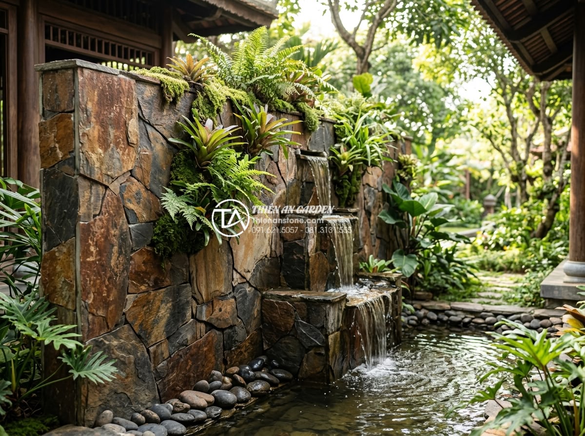 Ưu điểm của đá rối vàng ốp tường trong phong thủy nhà ở - Creative outdoor garden wall with golden stone cladding integrated with waterfal
