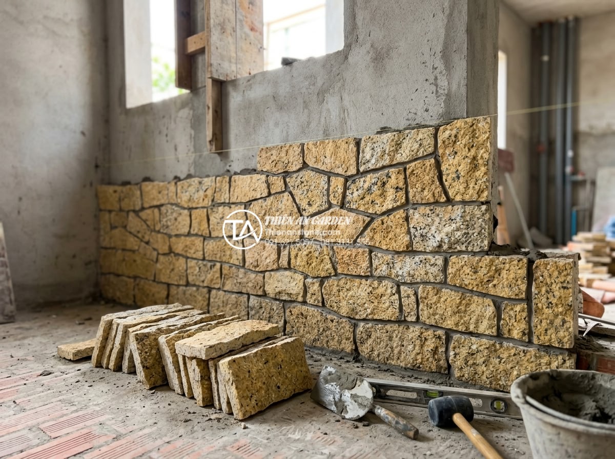 Ưu điểm của đá rối vàng ốp tường trong phong thủy nhà ở - Step-by-step professional installation process of golden irregular wall stones b