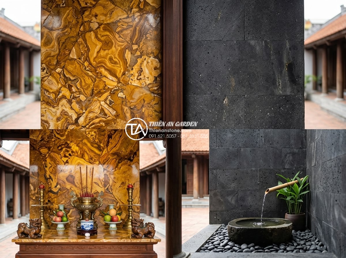 Ưu điểm của đá rối vàng ốp tường trong phong thủy nhà ở - Side-by-side comparison chart visualization of golden chaotic stone versus other