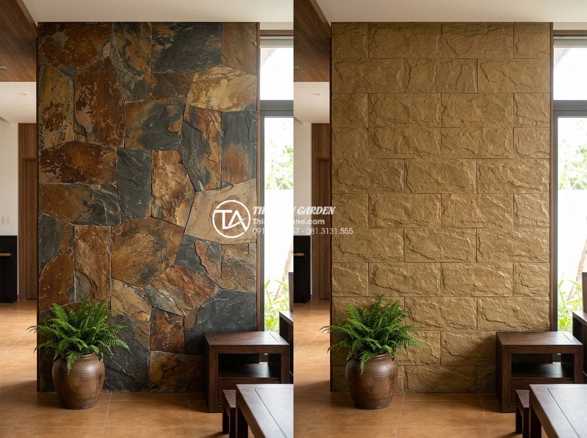 Ưu điểm của đá rối vàng ốp tường trong phong thủy nhà ở - Visual contrast between natural golden stone wall and artificial alternatives in