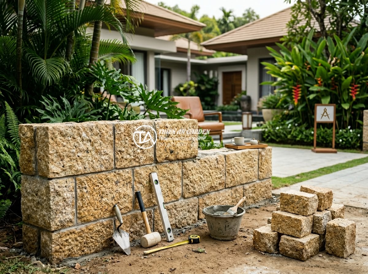 Ưu điểm của đá rối vàng ốp tường trong phong thủy nhà ở - Professional team from Da Canh Thien An company installing premium golden stone 