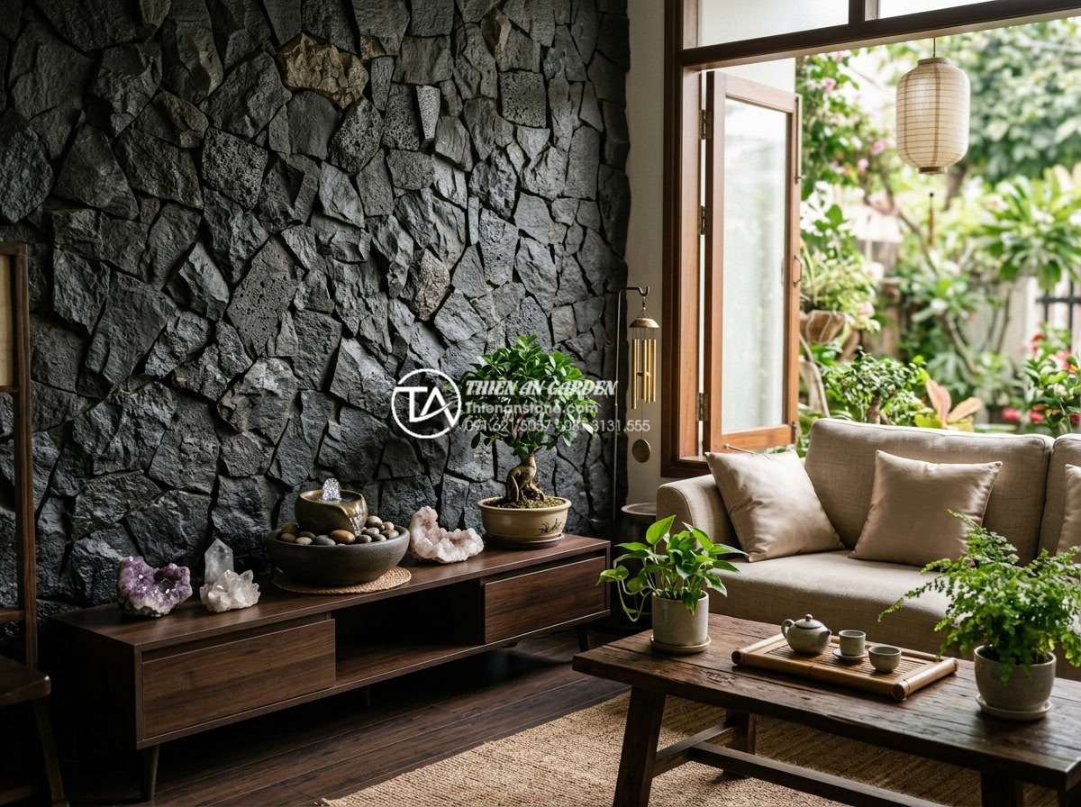 Ưu điểm của đá rối vàng ốp tường trong phong thủy nhà ở - Serene Feng Shui living space with golden chaotic stone accent wall positioned a