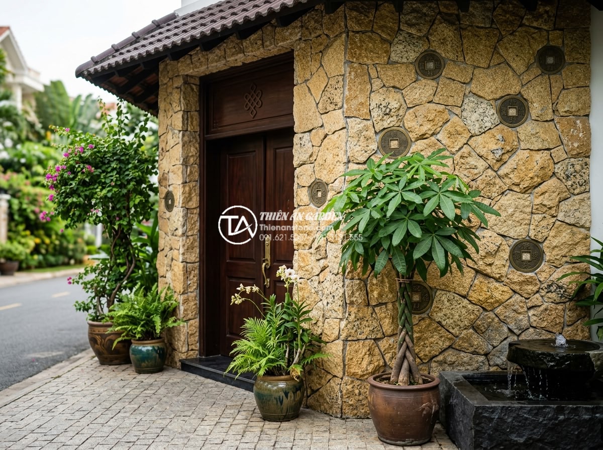 Ưu điểm của đá rối vàng ốp tường trong phong thủy nhà ở - Prosperity themed luxury home entrance wall covered in golden irregular stones, 