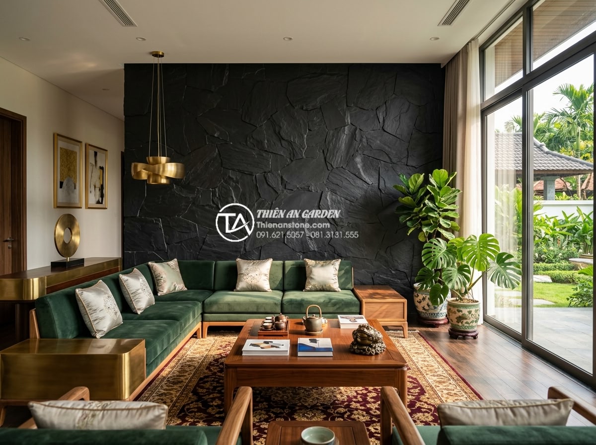 Ưu điểm của đá rối vàng ốp tường trong phong thủy nhà ở - Opulent family room with golden chaotic stone feature wall enhancing wealth ener
