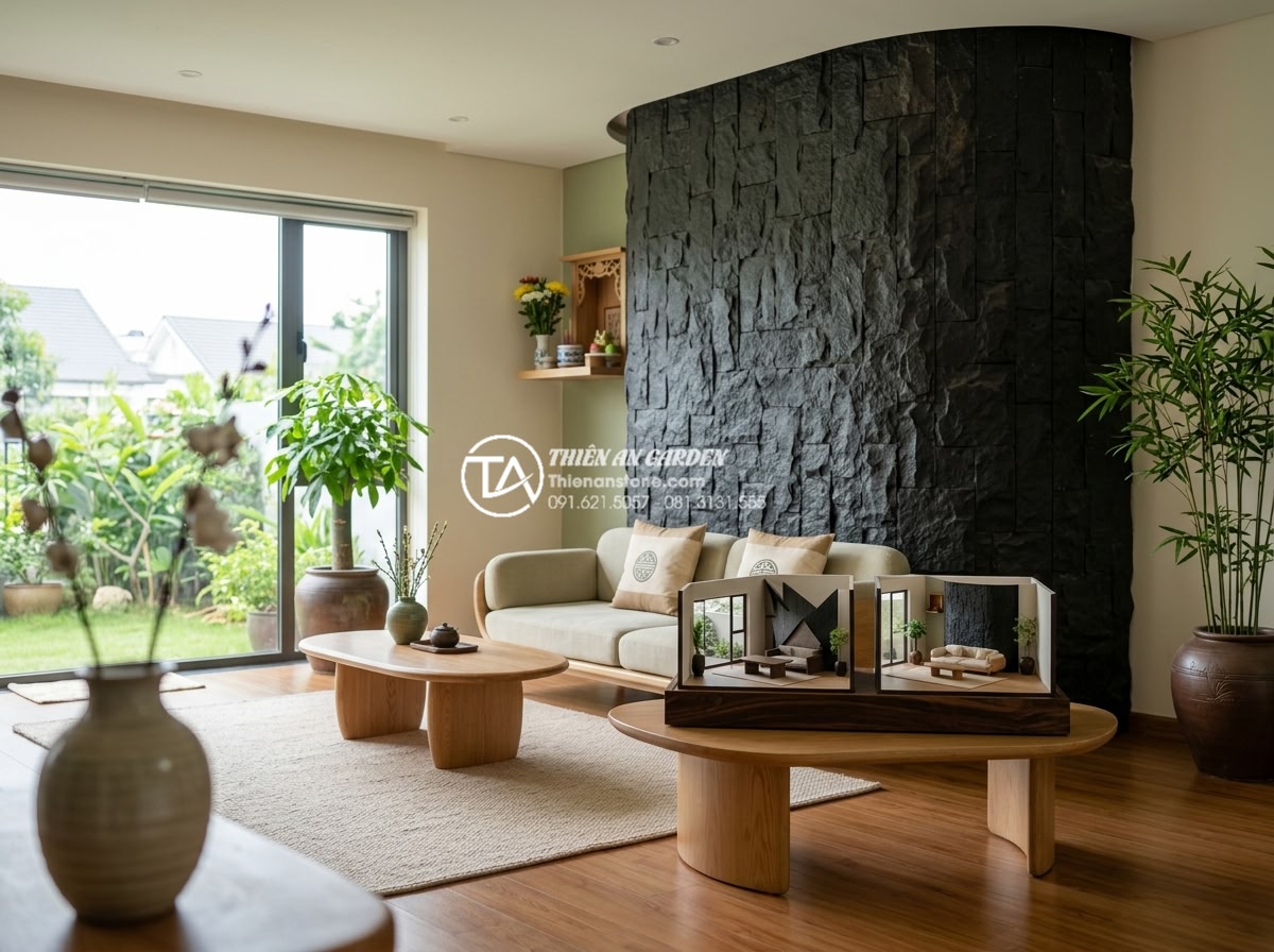 Ưu điểm của đá rối vàng ốp tường trong phong thủy nhà ở - Balanced Feng Shui interior showing golden stone wall neutralizing negative ener