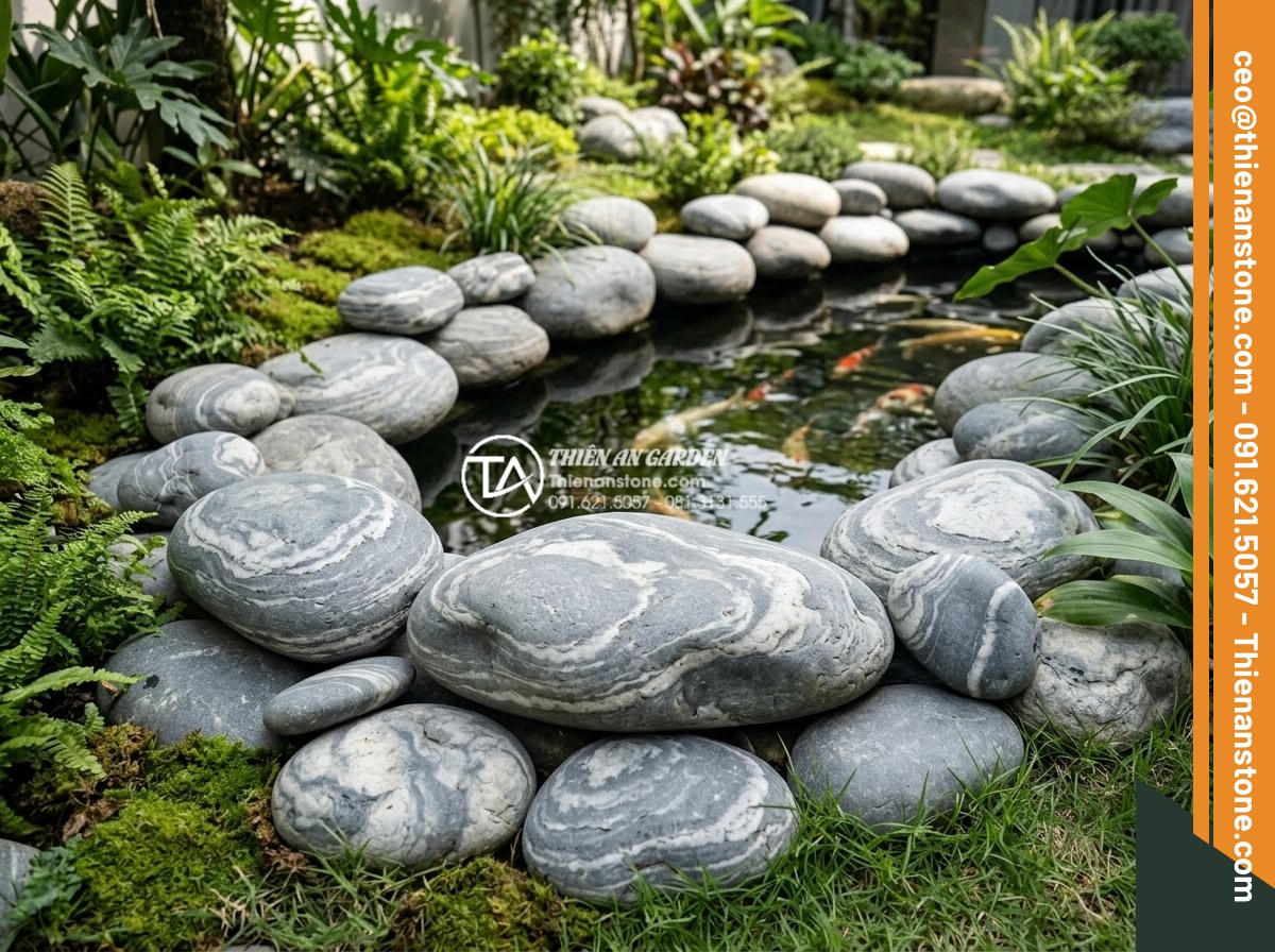 5 Sai lầm phổ biến khi thi công đá cuội vân mây khiến sân vườn mất cân đối - A wide-angle view of a modern Vietnamese garden featuring balanced cloud-veined