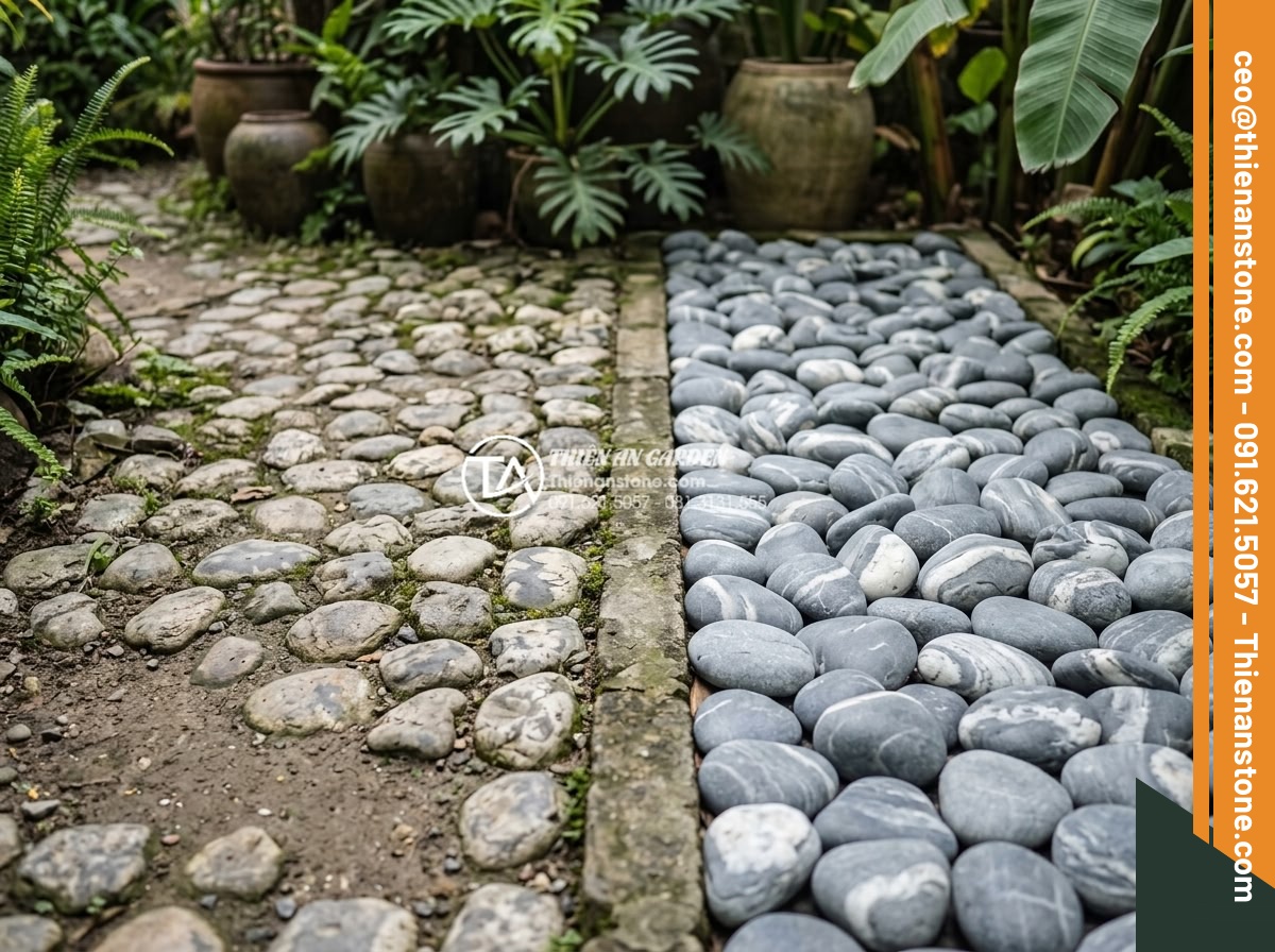 5 Sai lầm phổ biến khi thi công đá cuội vân mây khiến sân vườn mất cân đối - Hình 11 5 Sai lầm phổ biến khi thi công đá cuội vân mây khiến sân vườn mất cân đối - Comparison image of low-quality uneven pebble stones with faded patterns next to